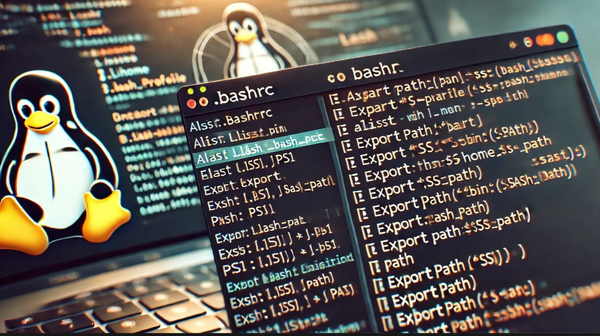 bash configuration on a screen with the Linux penguin sitting next to it