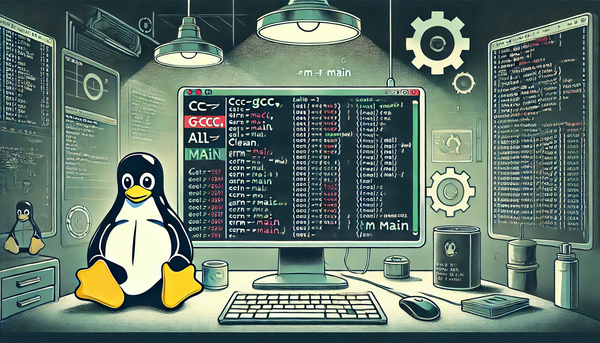 Makefile on a screen with the Linux penguin sitting next to it